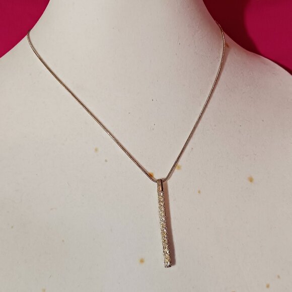 90s Vintage Silver Sparkly Rhinestone Bar Pendant Fashion Necklace - Picture 2 of 8